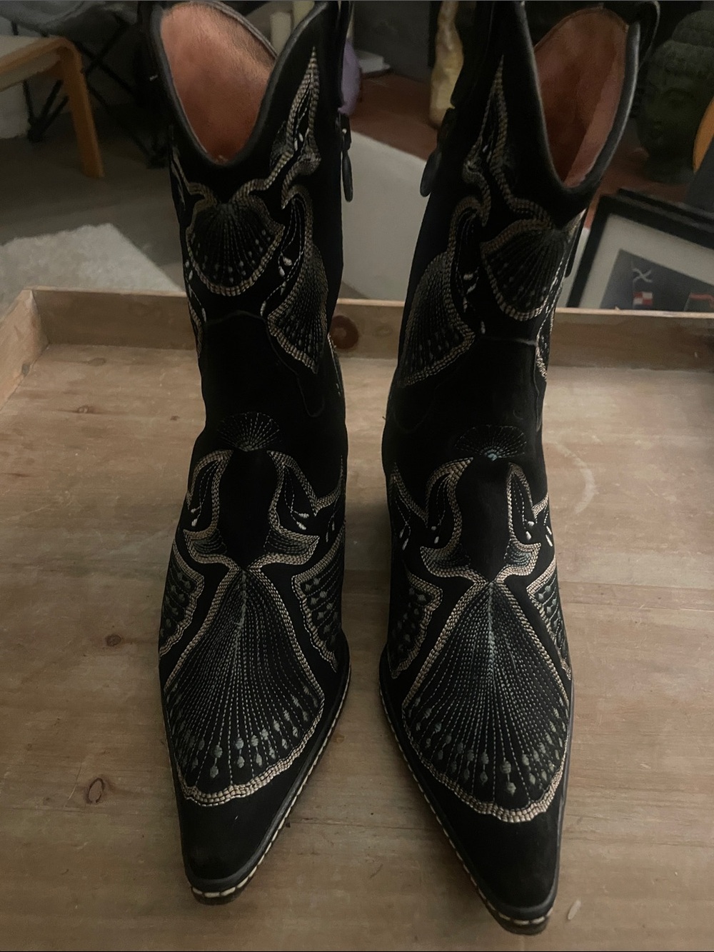 Donald J. Pliner Black Embroidered Pointed-Toe Ankle Boots